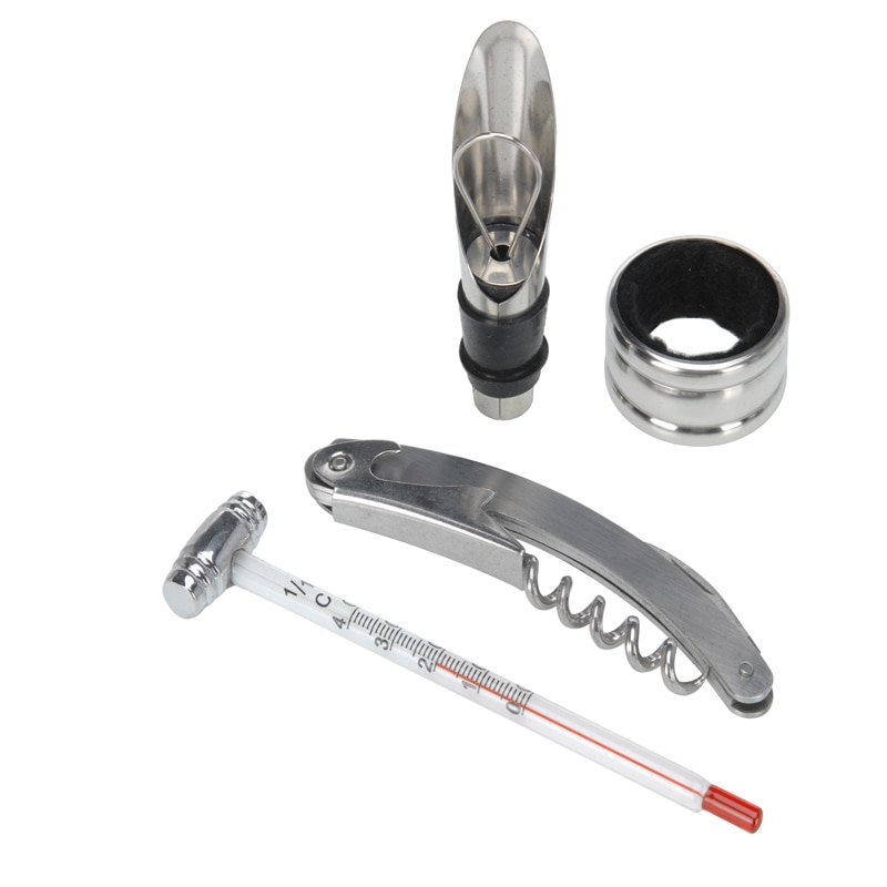 Set 4 piese inox pentru vin cu 1 tirbuson, 1 picurator, 1 termometru, 1 inel antipicurare