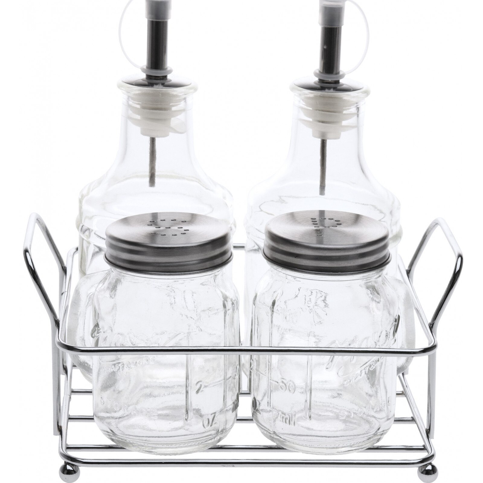 Oliviera 4 piese in suport metal ,2 sticle 16.8x6.5cm, 2 recipiente sare/piper 8x5cm