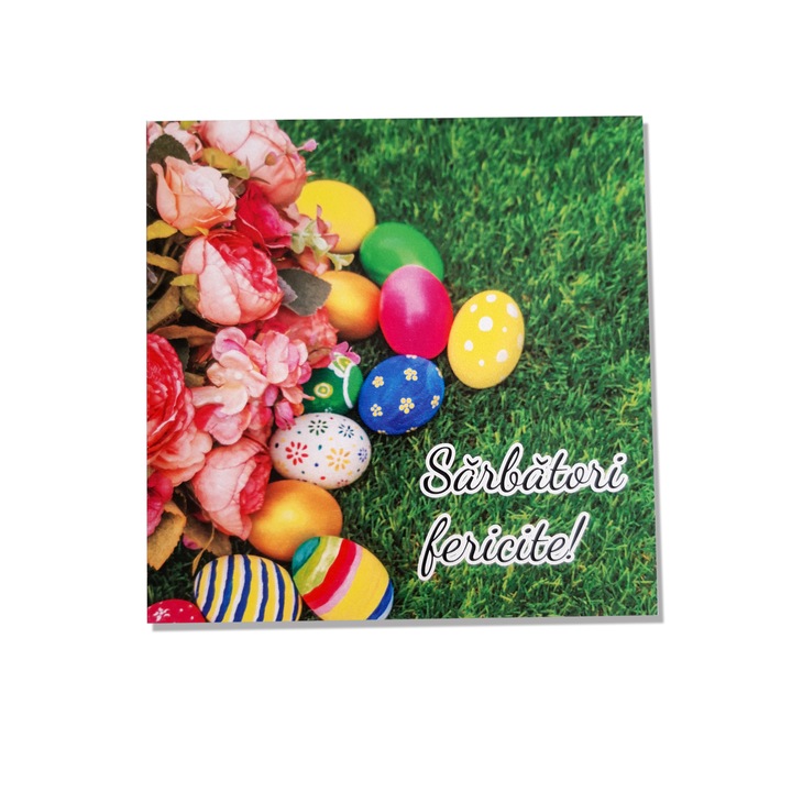 Felicitare Paste "oua multicolore in iarba" 130X130 mm, cu plic verde