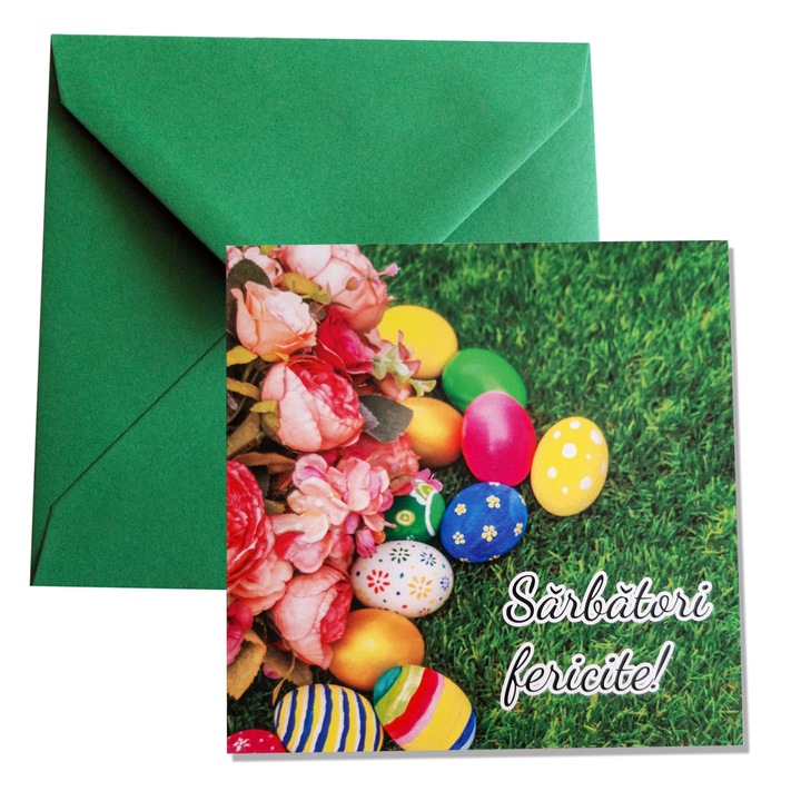 Felicitare Paste "oua multicolore in iarba" 130X130 mm, cu plic verde