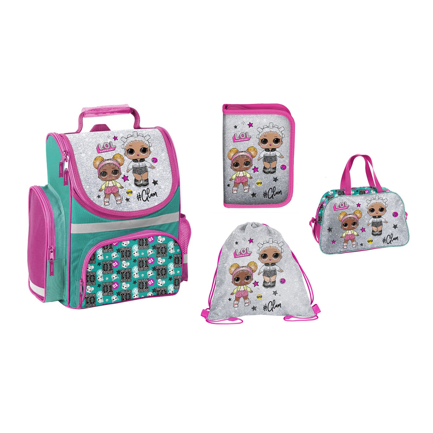 Set ghiozdan scoala, lol, penar, sac pentru pantofi, geanta sport, multicolor