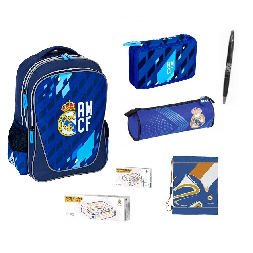 Set rucsac scoala, Real Madrid, npenar, husa creion, sac pentru pantofi, acuarele, plastilina, multicolor