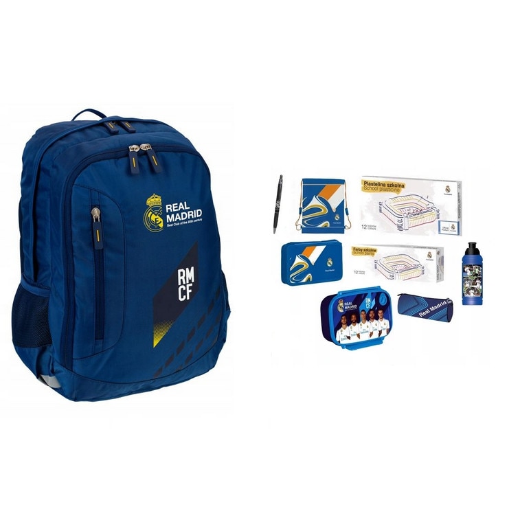 Set rucsac Real Madrid, penar, sac pentru pantofi, plastilina, acuarele, husa, pix, Sticla de apa, cutie pentru pranz, multicolor