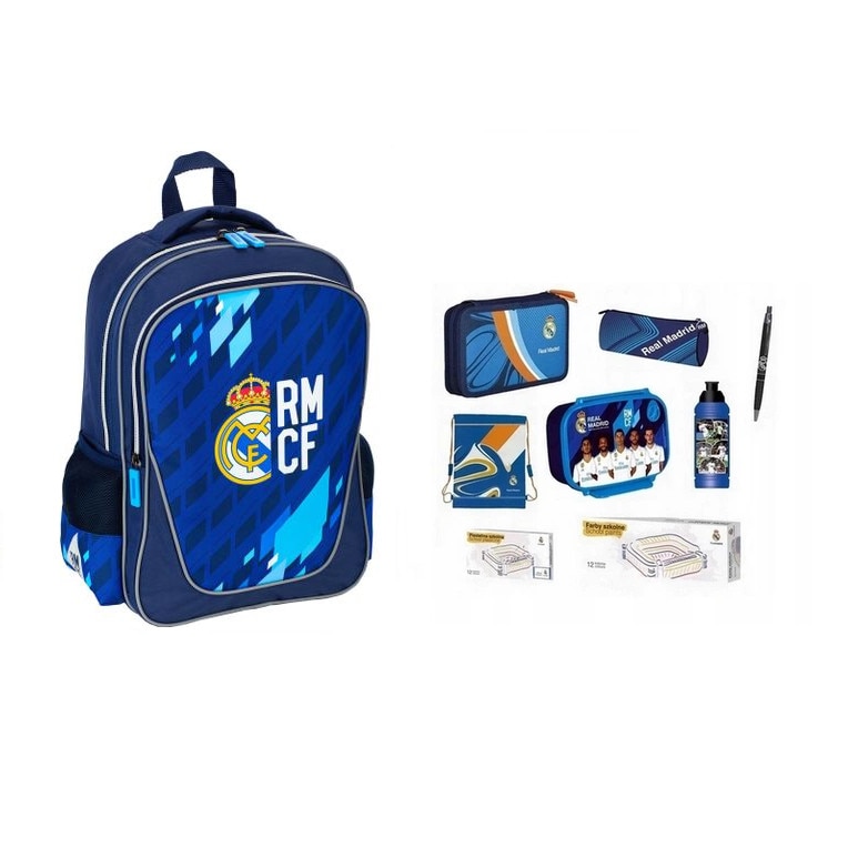 Set rucsac scoala, Real Madrid, penar, sac pentru pantofi, plastilina, acuarele, sticla de apa, cutie pentru pranz, pix, husa, multicolor