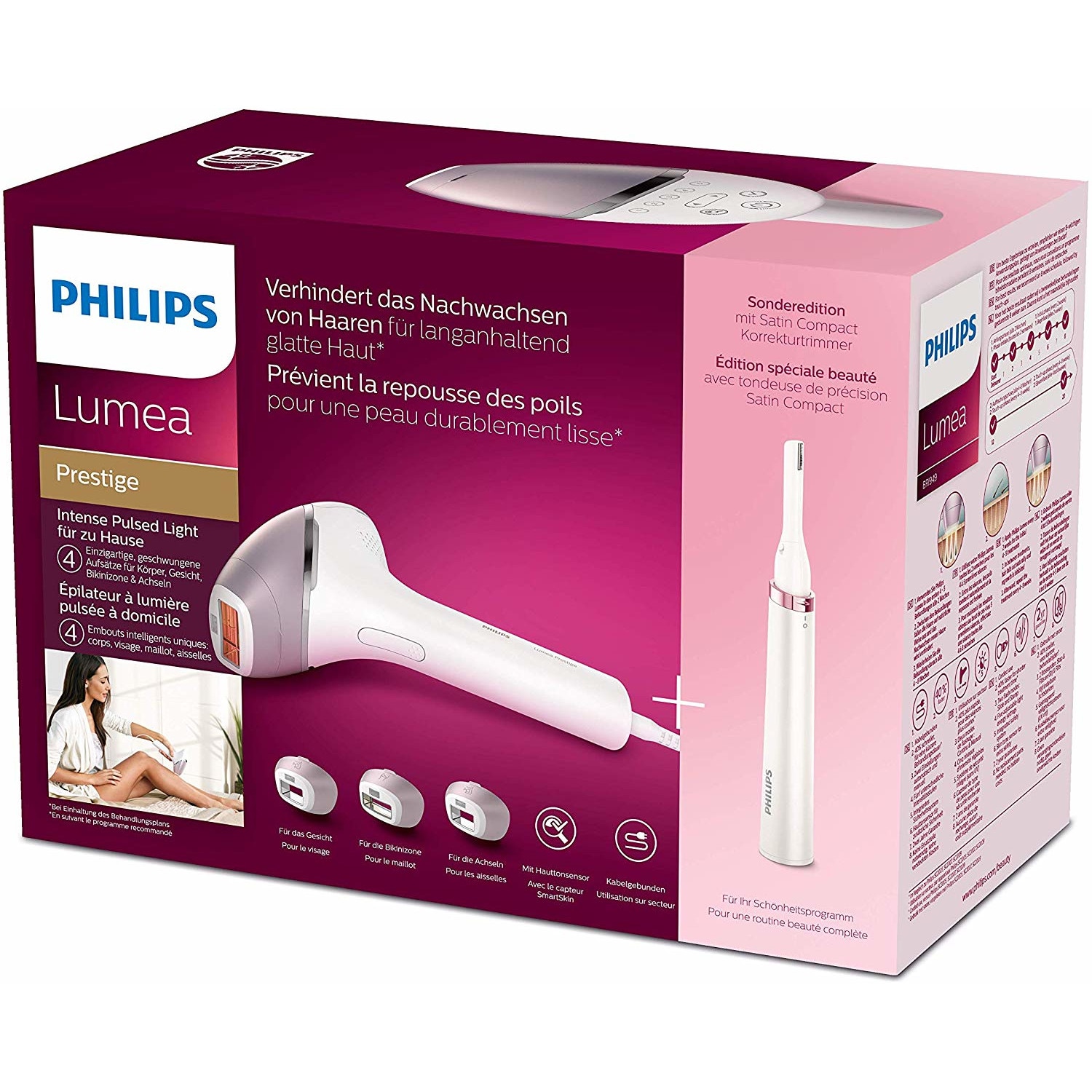 Epilator Philips Lumea Prestige BRI 949/00, 250000 impulsuri, SmartSkin, 4 atasamente, trimmer inclus, alb/roz - eMAG.ro