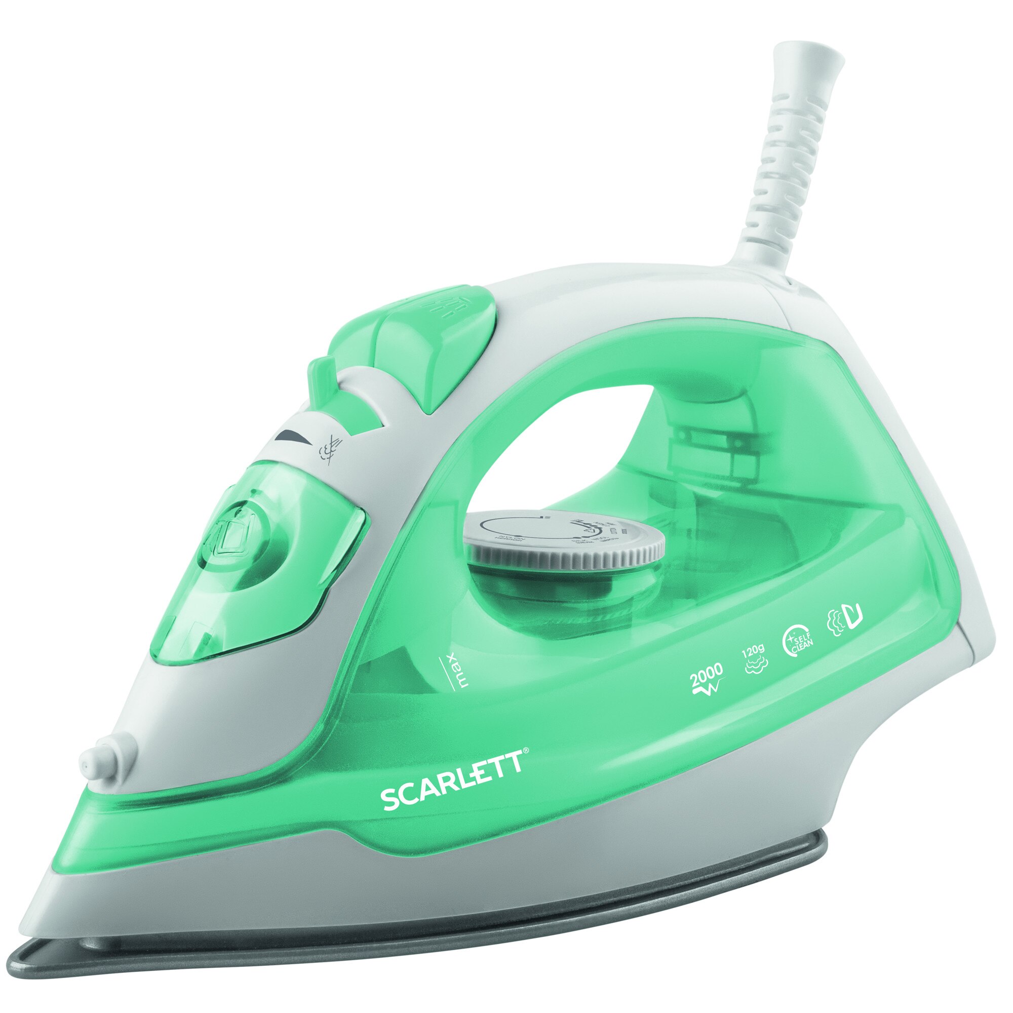 Fier de calcat Scarlett, SC-SI30P11, Talpa non-stick, Auto-Curatare, Rezervor 0,18L, 2000W, Alb/Verde
