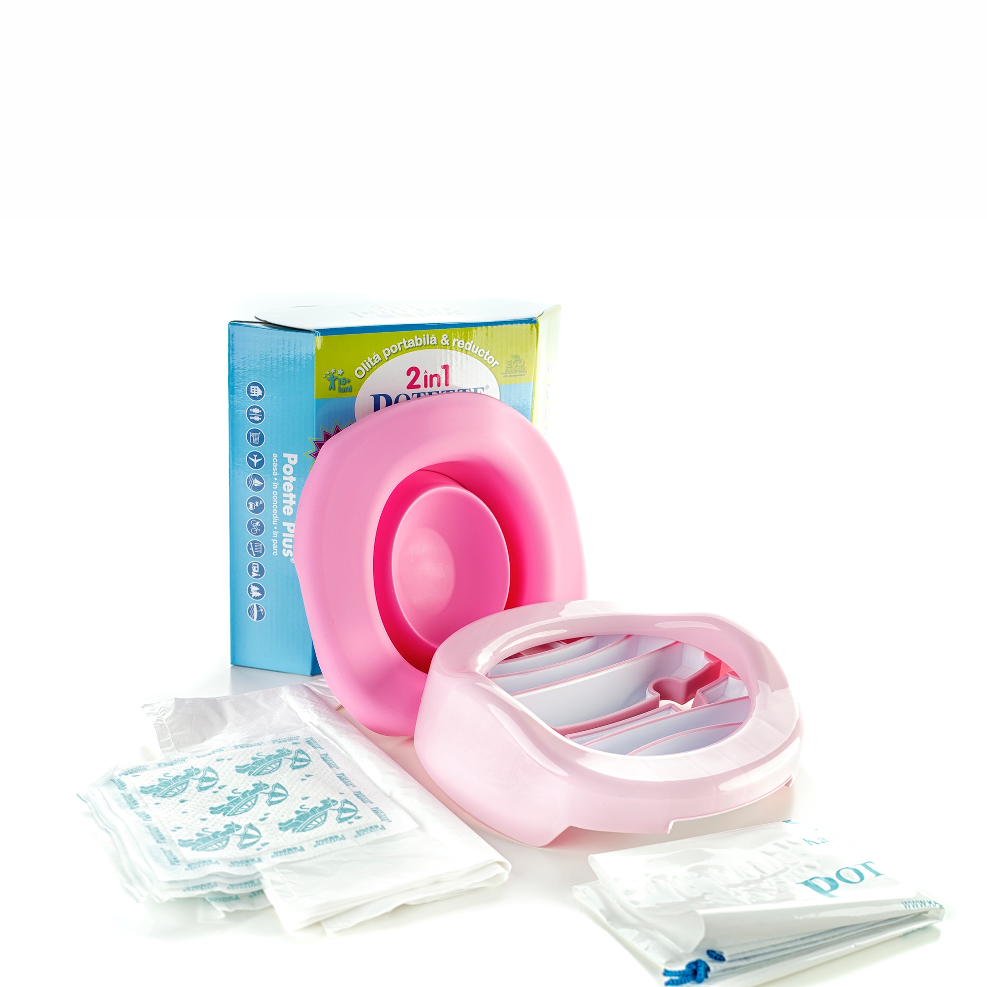 Pachet economic roz+ alb Potette Plus: olita portabila + liner reutilizabil + 10 pungi biodegradabile