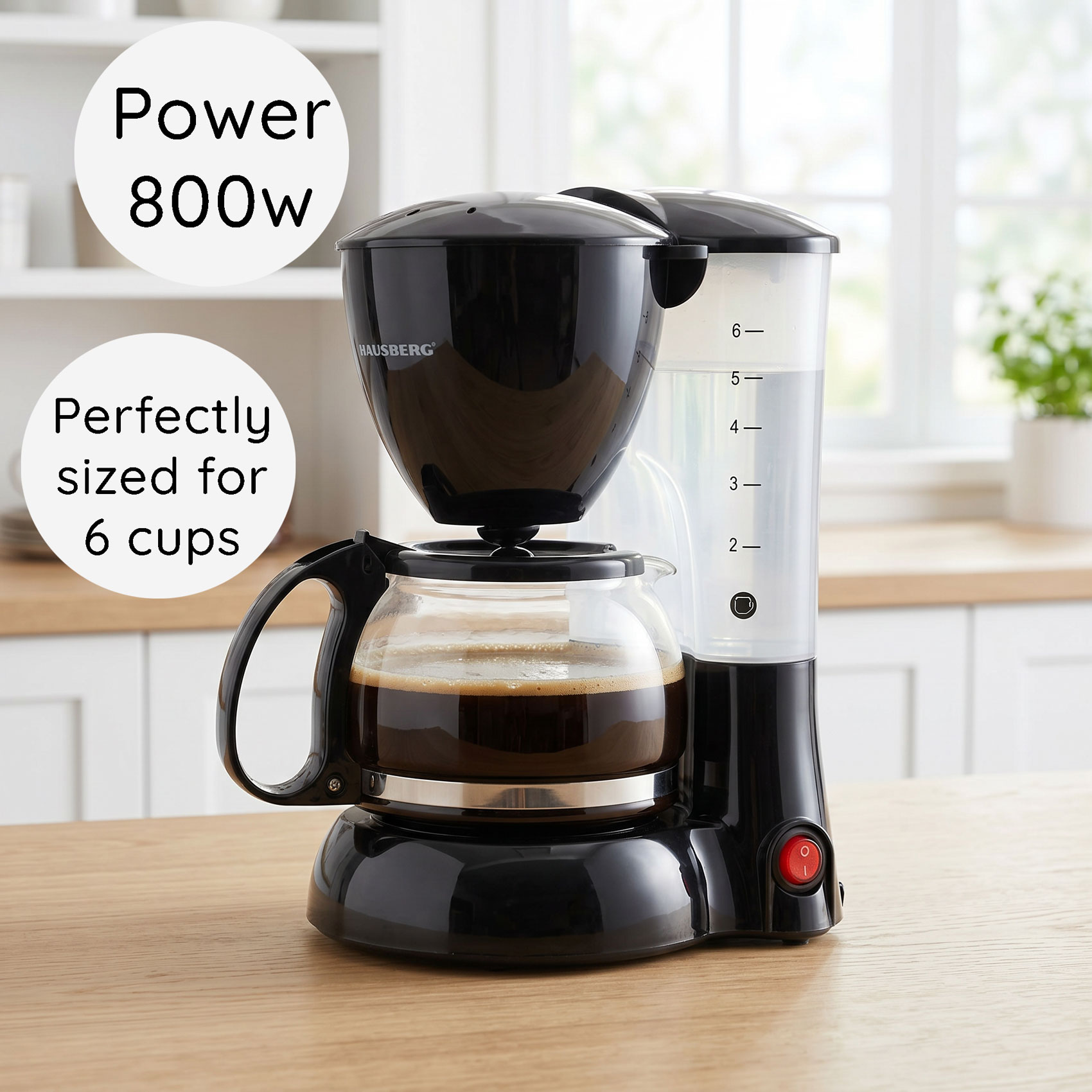 Filtru Cafea Hausberg, Putere 800 W, Capacitate 0,6 L, Inicator Luminos, Filtru Detasabil, Alimentare 230 V, Design Ergonomic, Negru