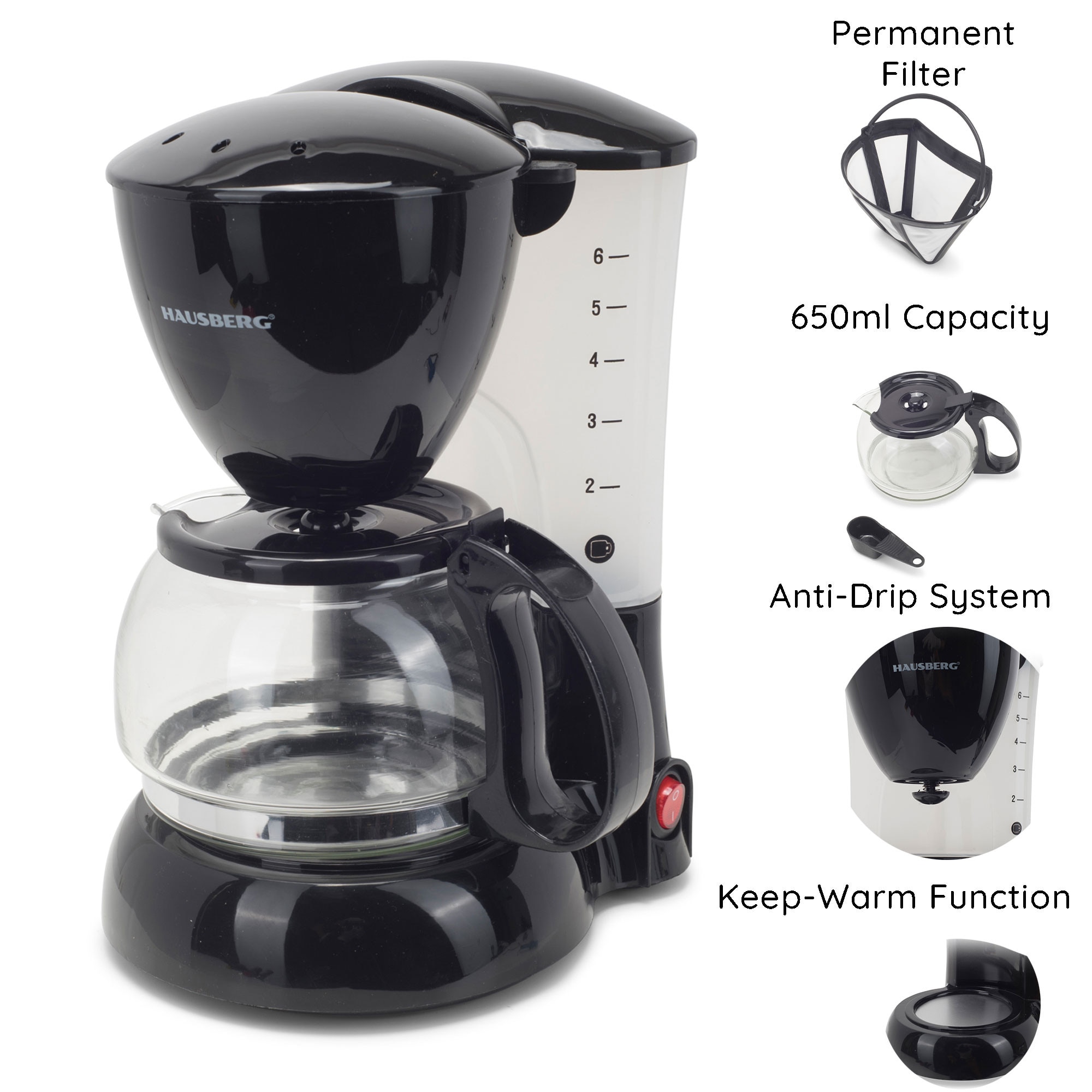Filtru Cafea Hausberg, Putere 800 W, Capacitate 0,6 L, Inicator Luminos, Filtru Detasabil, Alimentare 230 V, Design Ergonomic, Negru