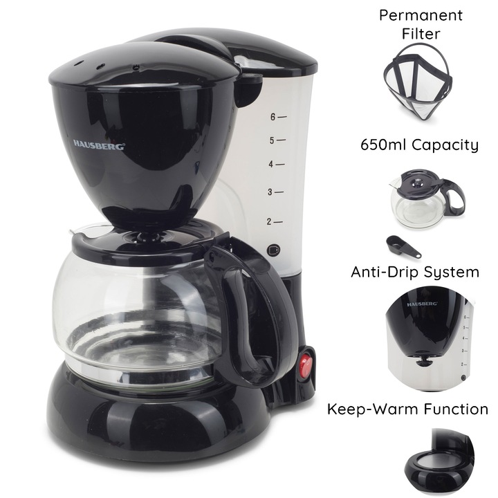 Filtru Cafea Hausberg, Putere 800 W, Capacitate 0,6 L, Inicator Luminos, Filtru Detasabil, Alimentare 230 V, Design Ergonomic, Negru