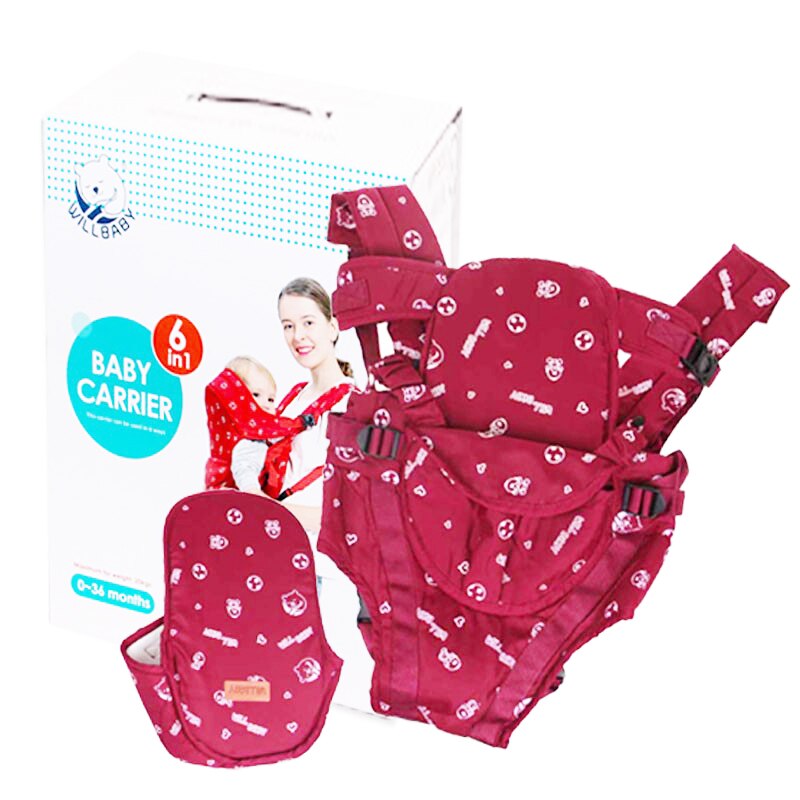 Marsupiu 6 in 1 cu desene, multifunctional, reglabil, 0-36 luni, max 20 kg, rosu