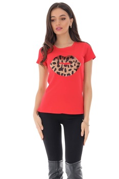 Tricou rosu cu buze din paiete, ROH - BR2272 Tricou rosu cu buze din paiete, ROH - BR2272