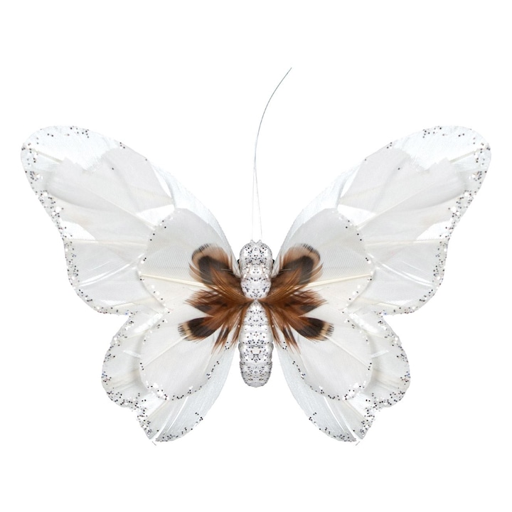 Бяла декоративна пеперуда с кафяви великденски люспи, DecorCasa, 14 см