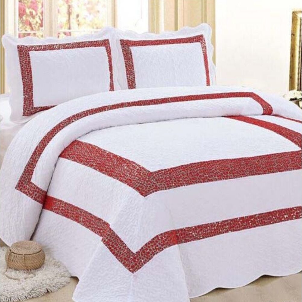 Set Cuvertura de Pat din Catifea + 2 Fete de Perna, Pat 2 Persoane, Chenar Alb Rosu