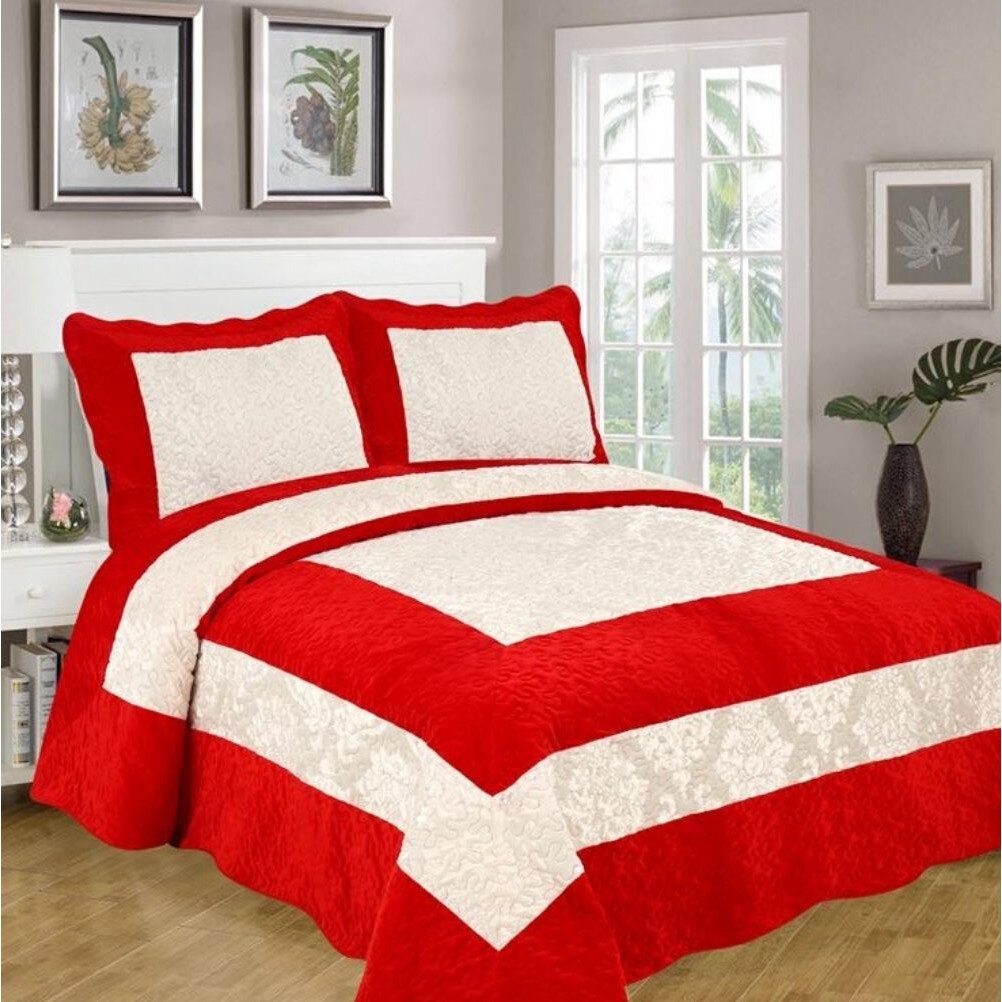 Set Cuvertura de Pat din Catifea + 2 Fete de Perna, Pat 2 Persoane, Rosu Crem