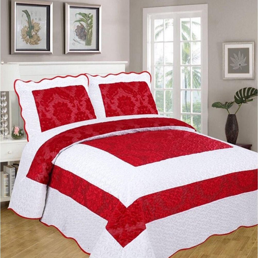 Set Cuvertura de Pat din Catifea + 2 Fete de Perna, Pat 2 Persoane, Rosu Alb