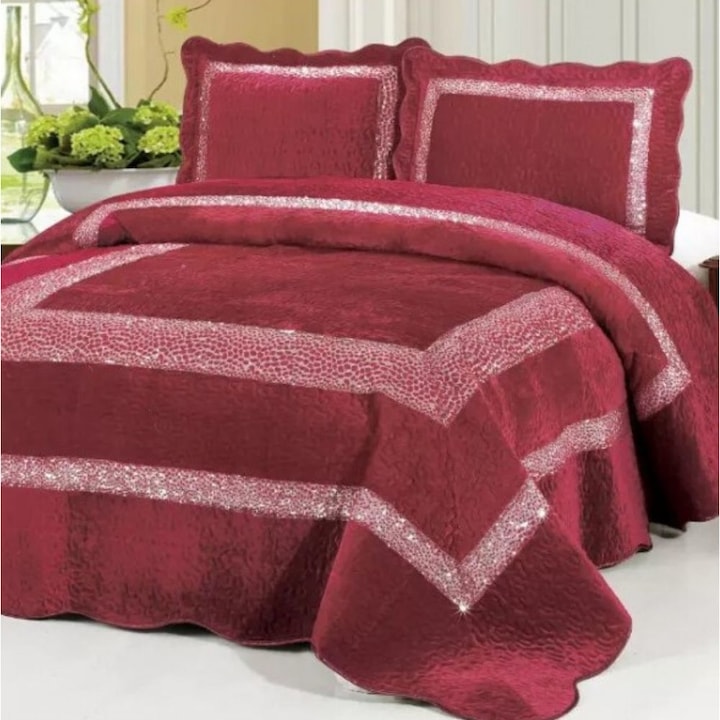 Set cuvertura de pat cu 2 fete de perna, 3 piese, din catifea, imprimata, matlasata, rosu inchis, Burgundy, 230x250 cm