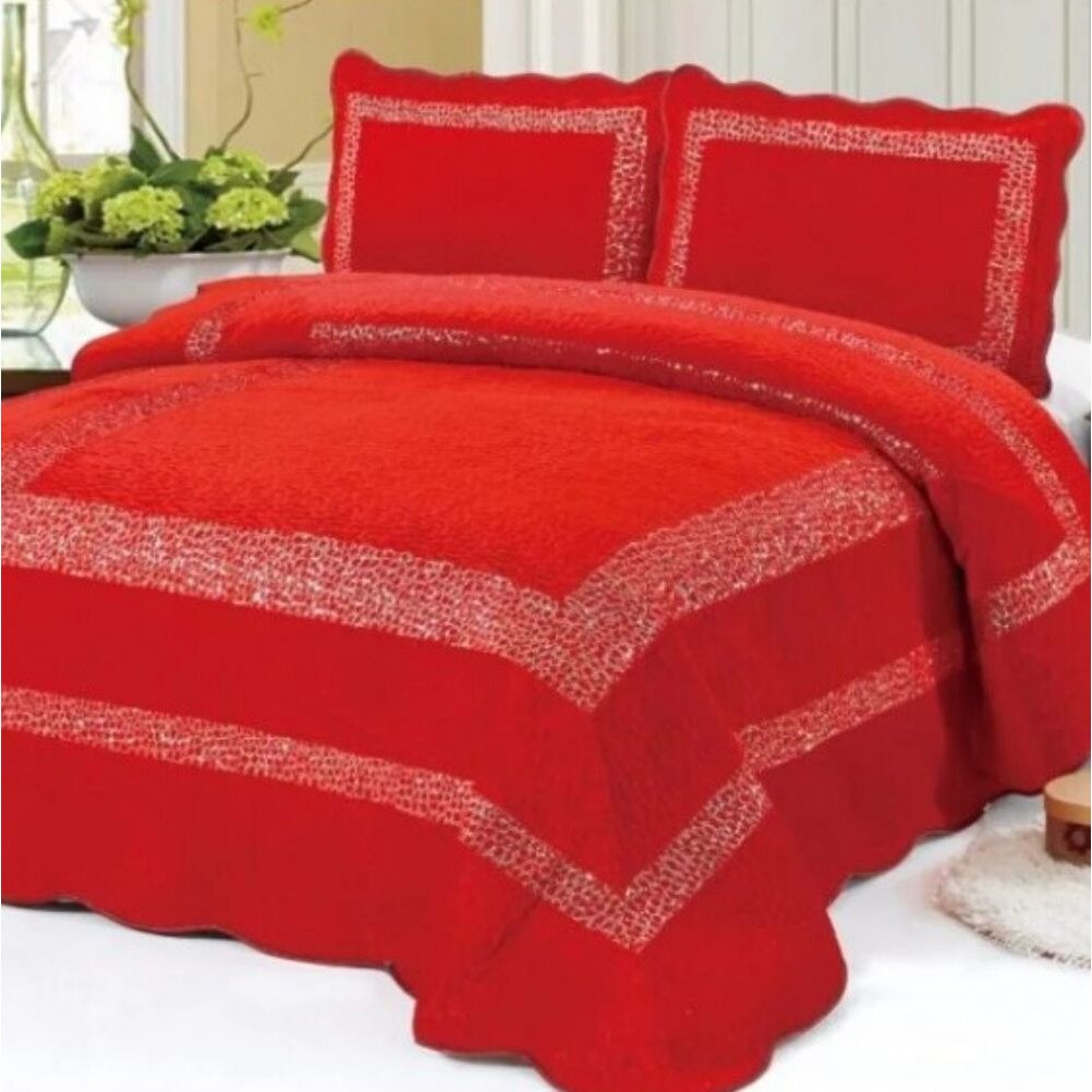 Set Cuvertura de pat din Catifea + 2 Fete de Perna, Pat 2 Persoane, Rosu
