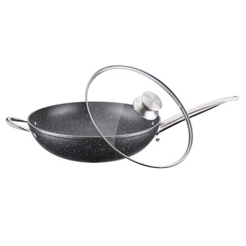 Tigaie Wok din Aluminiu Peterhof cu interior granit si maner Inox,capac din sticla, 34cm Tigaie Wok din Aluminiu Peterhof cu interior granit si maner Inox,capac din sticla, 34cm