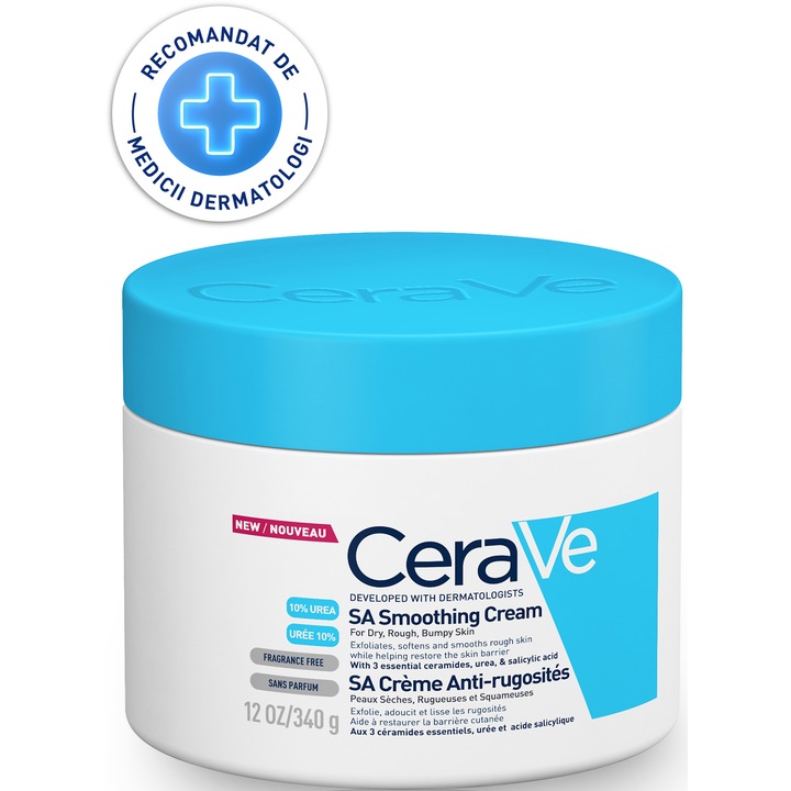Crema hidratanta si exfolianta pentru corp CeraVe SA cu acid salicilic si acid hialuronic, pentru pielea uscata, aspra, cu rugozitati, 340gr