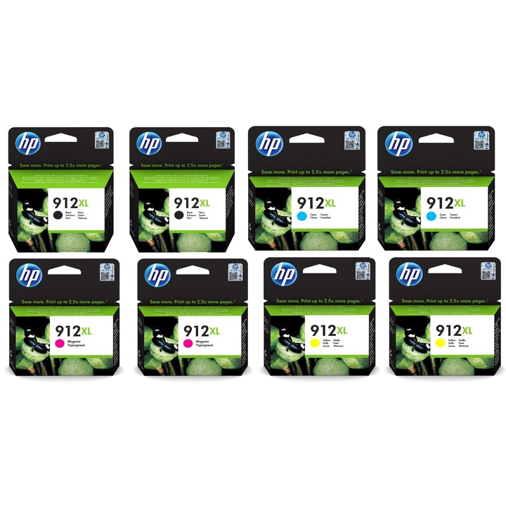 Pachet cartuse cerneala (912XL) 3YL84AE negru x2 3YL81AE cyan x2 3YL82AE magenta x2 3YL83AE galben x2 HP original 6600 pagini