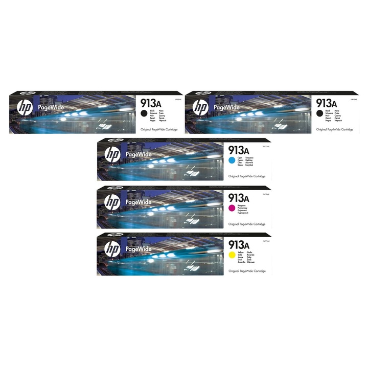 Pachet cartuse cerneala (913A) L0R95AE negru x2 F6T77AE cyan F6T78AE magenta F6T79AE galben HP original 16000 pagini