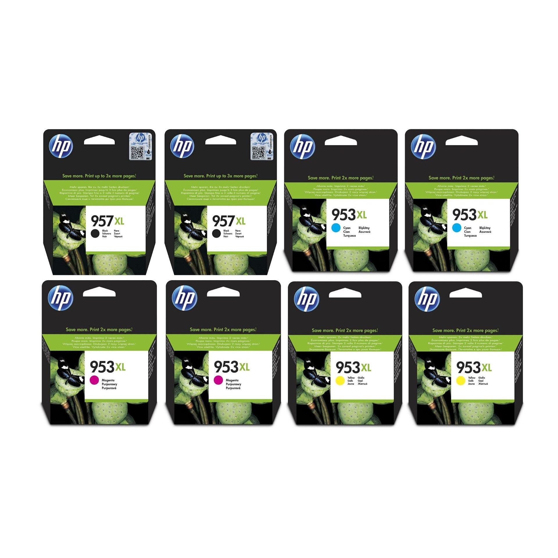 Pachet cartuse cerneala L0R40AE (957XL) negru x2 F6U16AE (953XL) cyan x2 F6U17AE (953XL) magenta x2 F6U18AE (953XL) galben x2 HP original 15600 pagini