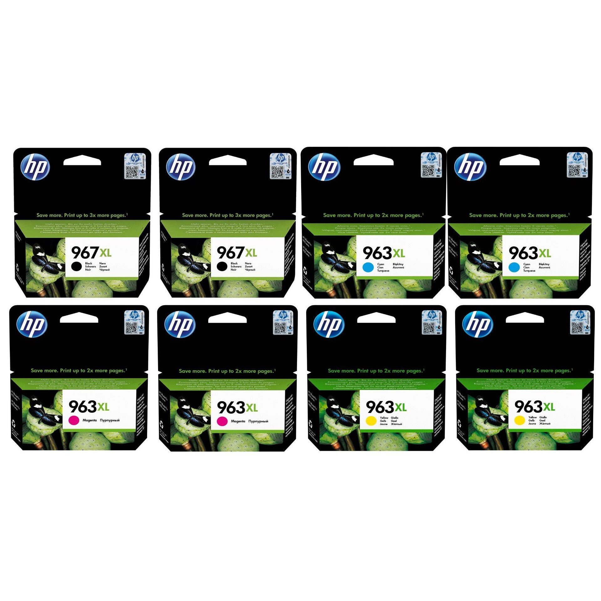 Pachet cartuse cerneala 3JA31AE (967XL) negru x2 3JA27AE (963XL) cyan x2 3JA28AE (963XL) magenta x2 3JA29AE (963XL) galben x2 HP original 15600 pagini