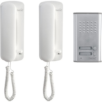 Set interfon de poarta cu fir , Home , Doua unitati interioare si o unitate exterioara , Alimentare 230 V /50 Hz , Iluminare cu LED rosu , Deschiderea electrica a portii , Culoare Alb Set interfon de poarta cu fir , Home , Doua unitati interioare si o unitate exterioara , Alimentare 230 V /50 Hz , Iluminare cu LED rosu , Deschiderea electrica a portii , Culoare Alb