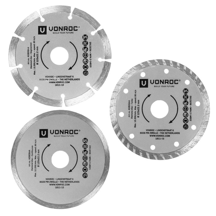 Комплект от 3 диамантени диска VONROC AG806AA, Камък/Бетон/Керамика, 125 мм