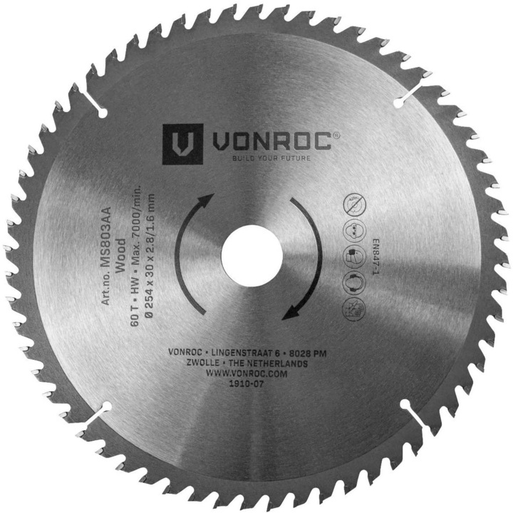 Диск VONROC MS803AA, За рязане на дърво, 60 зъба, 254 мм x 30 мм