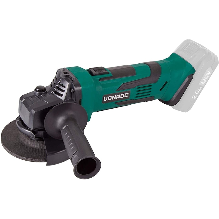 Polizor unghiular VONROC AG501DC, compatibil cu acumulatori 20V, diametru disc 115mm, maner lateral, cheie, fara baterie si incarcator