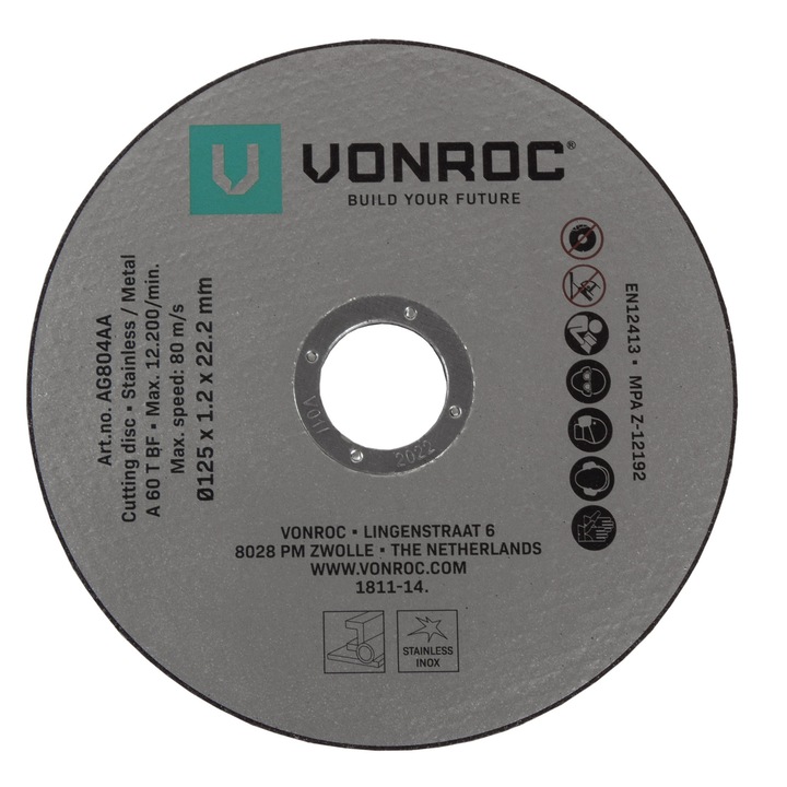 Vágókorong készlet, VONROC,, 125 mm, kompatibilis a 22,2 mm-es csiszolókkal, univerzális, 12 darabos készlet