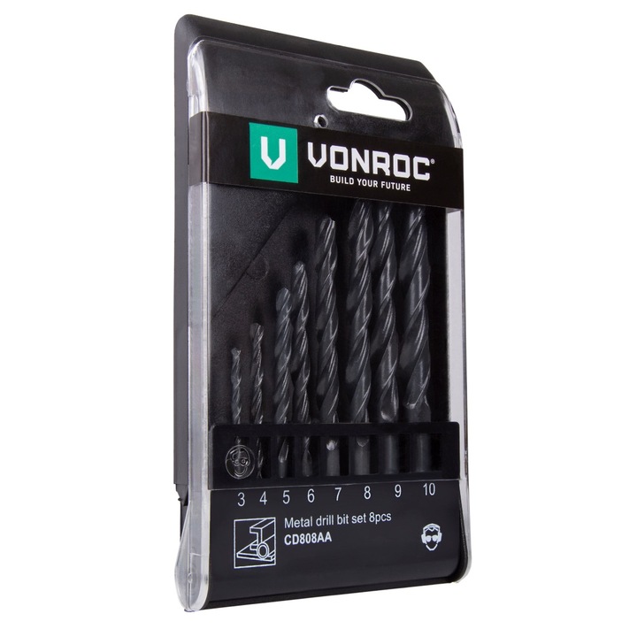 Set 8 buc burghie pentru metal VONROC CD808AA, de la 3 la 10mm, HSS, compatibil cu aproape toate masinile de gaurit, cutie pentru depozitare