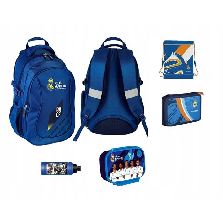 Set rucsac scoala, Real Madrid, penar, sac pentru pantofi, sticla de apa, cutie pentru pranz, multicolor