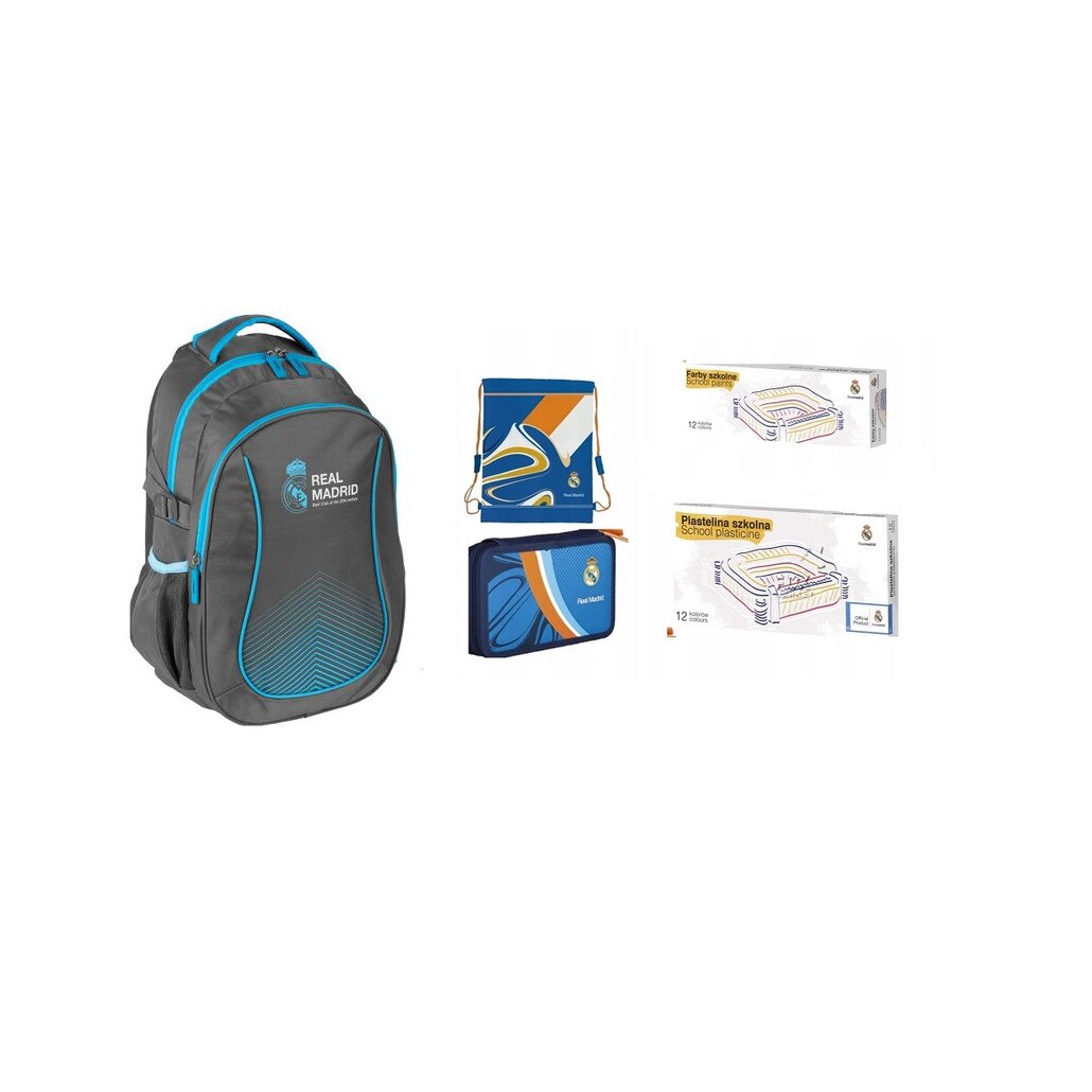 Set rucsac scoala, Real Madrid, penar, sac pentru pantofi, acuarele, plastilina ,multicolor