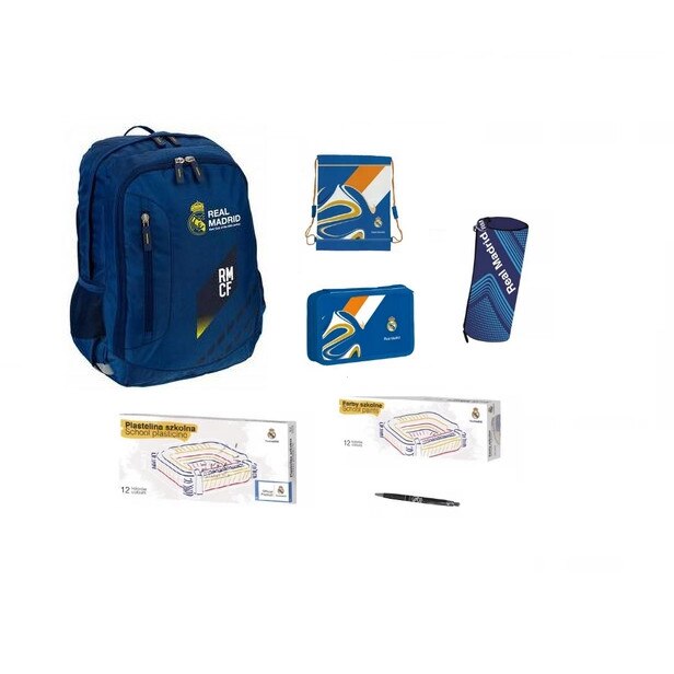 Set rucsac scoala, Real Madrid, husa , penar, sac pentru pantofi, pix, acuarele, plastilina, multicolor