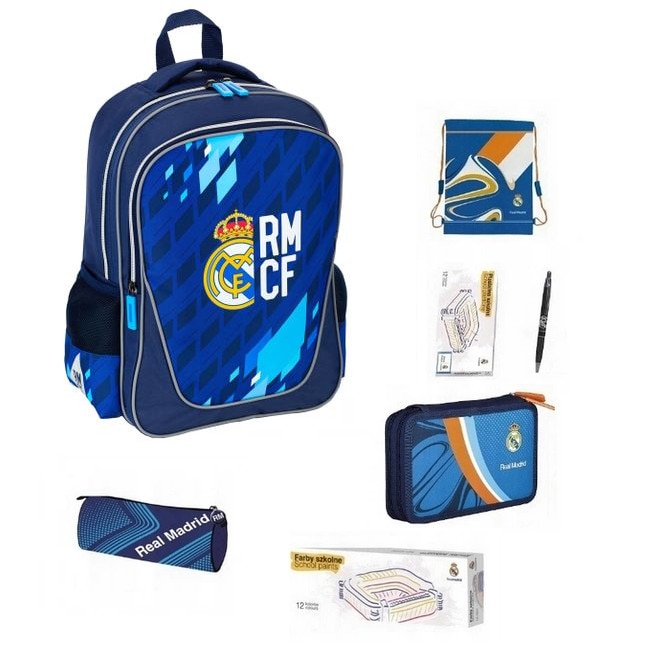 Set rucsac scoala, Real Madrid, pix, husa, penar, sac pentru pantofi, plastilina, acuarele, multicolor