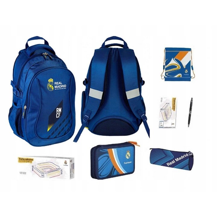 Set rucsac scoala, Real Madrid, sac pentru scoala, pix, husa, penar, plastilina, acuarele, multicolor