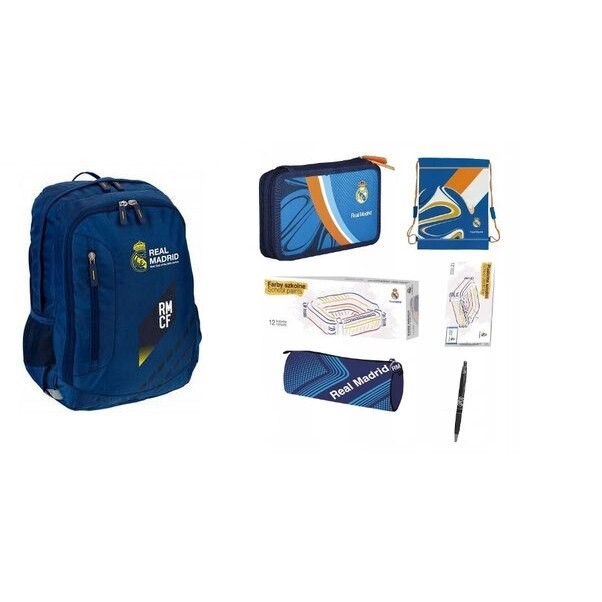 Set rucsac scoala, Real Madrid, penar, sac pentru pantofi, husa, pix, acuarele, plastilina, multicolor