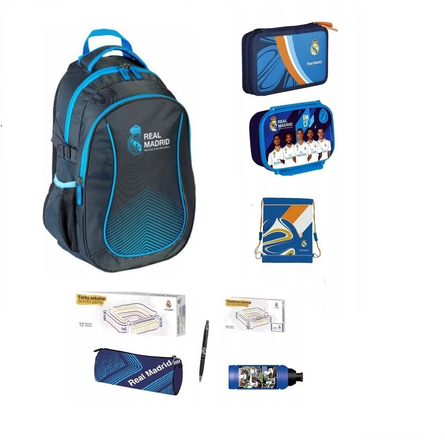 Set rucsac scoala Real Madrid, penar, sac pentru pantofi, plastilina, acuarele, sticla de apa, cutie pentru pranz, husa, pix, multicolor