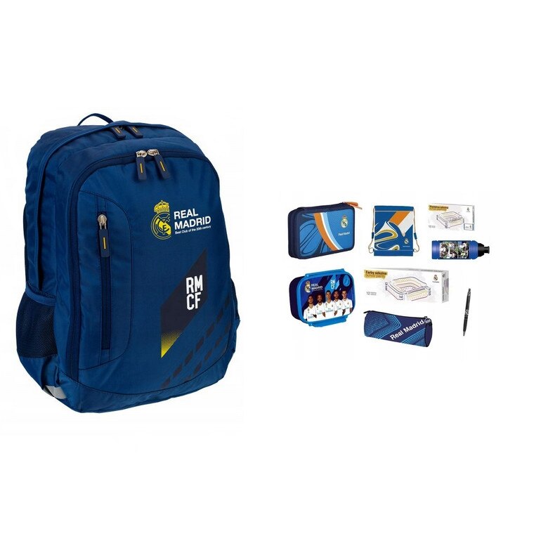 Set rucsac scoala, Real Madrid, penar, sac pentru pantofi, plastilina, acuarele, sticla de apa, husa, pix, multicolor