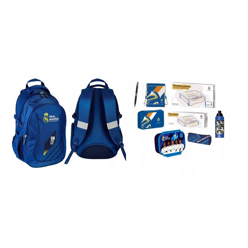 Set rucsac scoala, Real Madrid, penar, sac pentru pantofi, plastilina, acuarele, Sticla de apa, cutie pentru pranz, pix, husa, multicolor