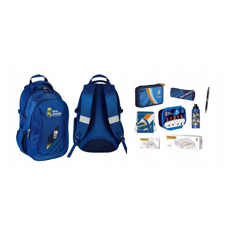 Set rucsac scoala, Real Madrid, penar, sac pentru pantofi, plastilina, acuarele, sticle de apa, cutie pentru pranz, pix, husa, multicolor