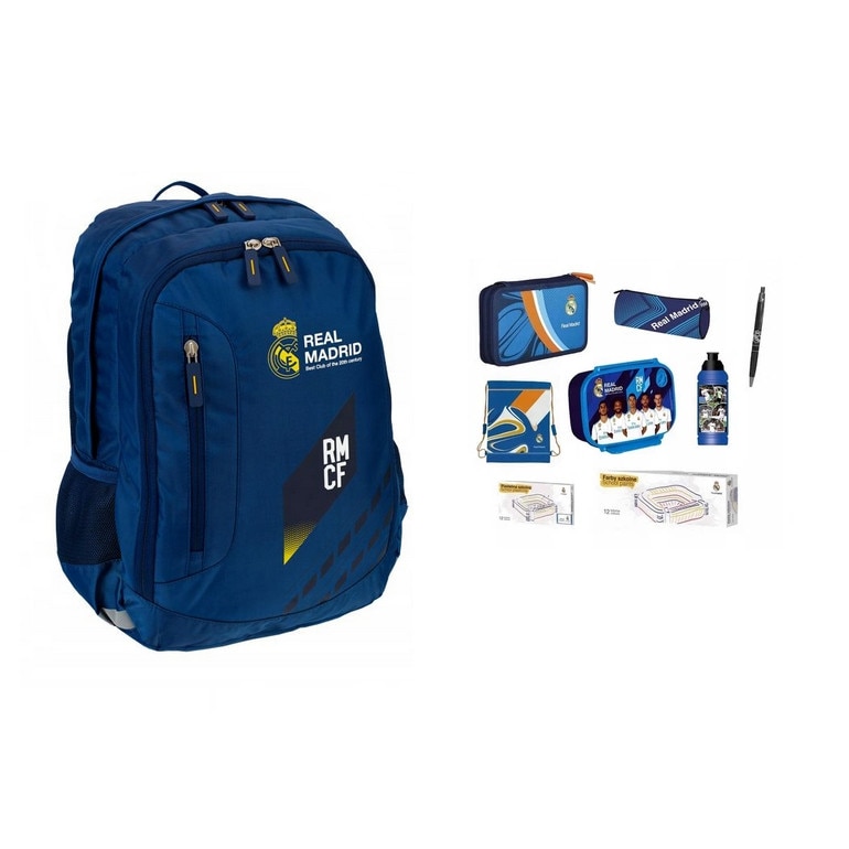 Set rucsac scoala, Real Madrid, penar, sac pentru pantofi, plastilina, acuarele, sticle de apa, cutie pentru pranz, husa, pix, multicolor