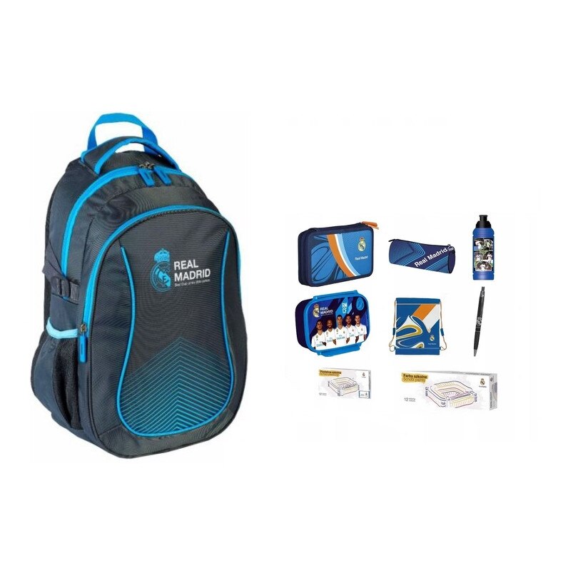 Set rucsac scoala Real Madrid, penar, sac pentru pantofi, plastilina, acuarele, sticla de apa, cutie pentru pranz, pix, husa, multicolor