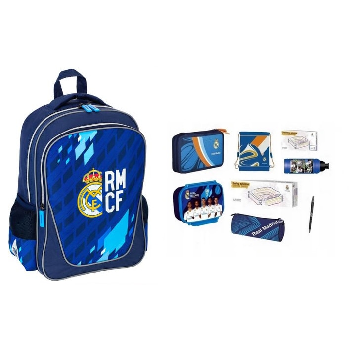 Set rucsac scoala, Real Madrid, penar, sac pentru pantofi, plastilina, acuarele, sticla de apa, cutie pentru pranz, husa, pix, multicolor