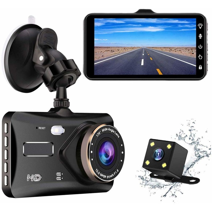 Camera auto retrovizoare AIX G-senzor cu ecran 4.0 inch, video FULL HD 1080 P , lentila pentru vedere nocturna , cutie neagra automata ,IPS, Mod Parcare, Detectare Miscare, 170 Grade Unghi filmare, Auto Black Box DVR, Duals Lens
