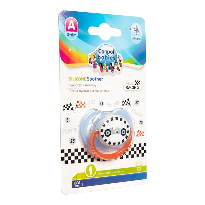 Залъгалка "Racing" със симетричен силиконов биберон, Canpol babies®, BPA-free, 0-6 месеца, син Син