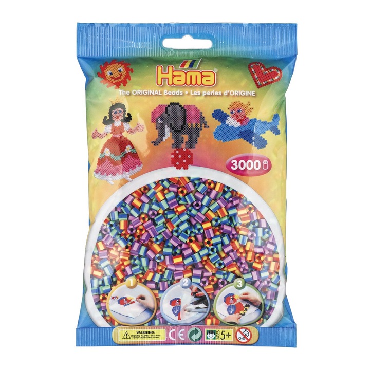Margele de calcat HAMA MIDI mix 3 culori cu dungi, 3000 buc in pungulita